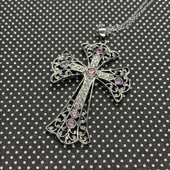 Simulated Pink Diamond Cross Necklace - Picture 7 of 7